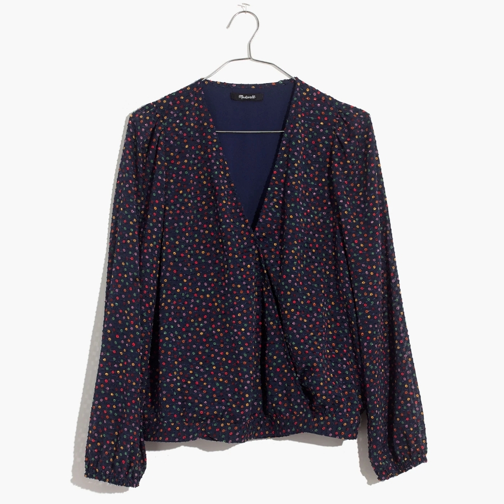 Madewell Lyric Wrap Long Sleeve Top in Confetti Dot Dark Nightfall Size Small - Picture 5 of 13